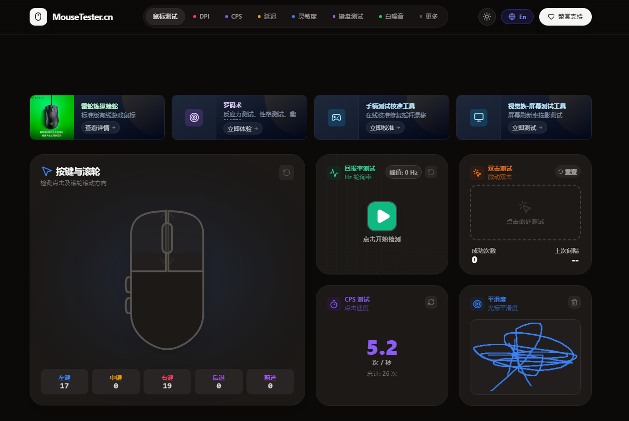 鼠标测试工具-在线鼠标左中右侧键按键点击功能测试 - MouseTester.cn 网站截图