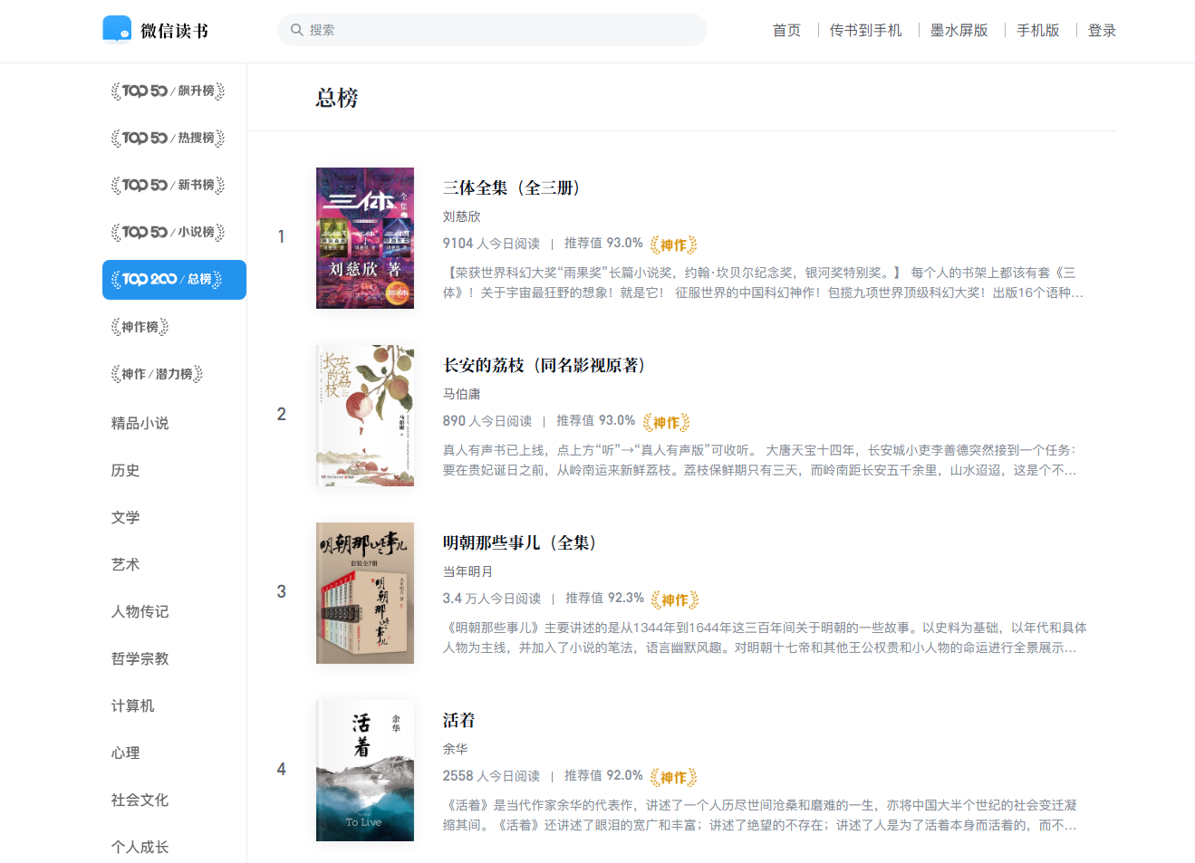 总榜-微信读书 网站截图