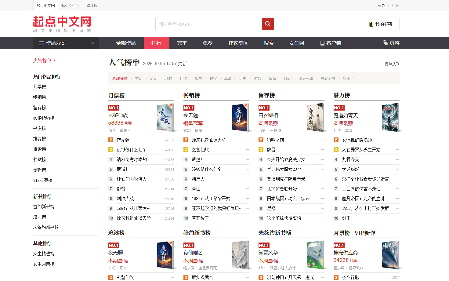 起点小说排行榜｜热门网络小说月票畅销排行 网站截图