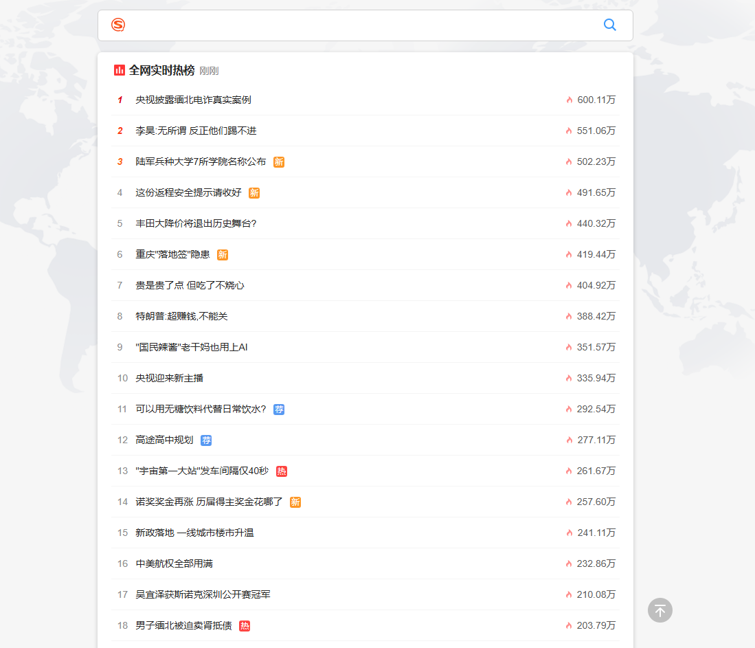 搜狗实时热榜｜搜狗搜索热点热词指数排行榜 网站截图